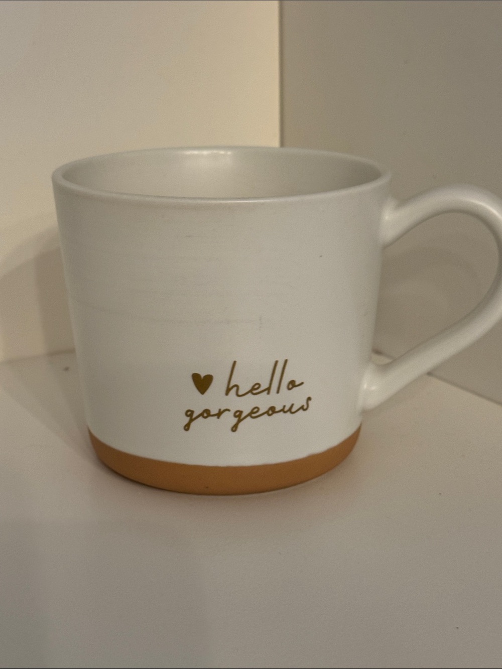 Threshold White Ceramic Mug with Gold Script and Tan Base
